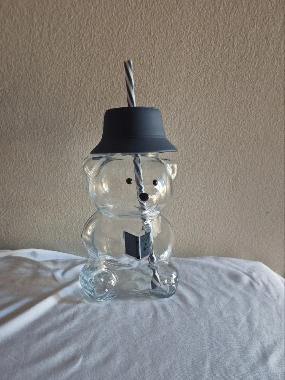 Clear Bear-Shaped Drinking Cup with Gray Lid and Striped Straw